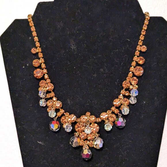 Vintage JULIANA Book Piece Citrine Aurora Borealis Gold Tone Beaded Necklace